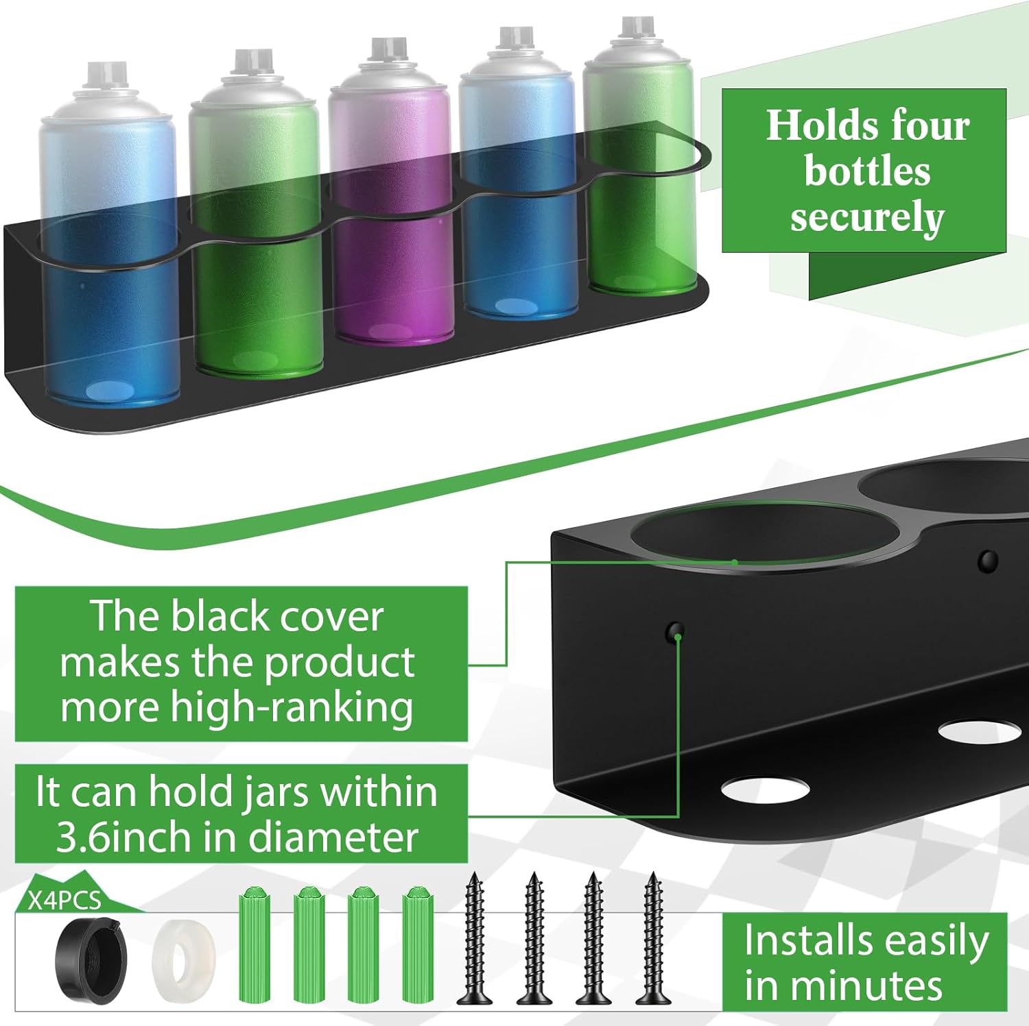 Therwen 2 Pcs 5 Holes All Purpose Steel Spray Bottle Holder Heavy Duty Spray Can Holder Rack Organizer Easy Install Wall Mount Paint Bottle Organizer Storage Rack for Garage Home Workspace(Black)