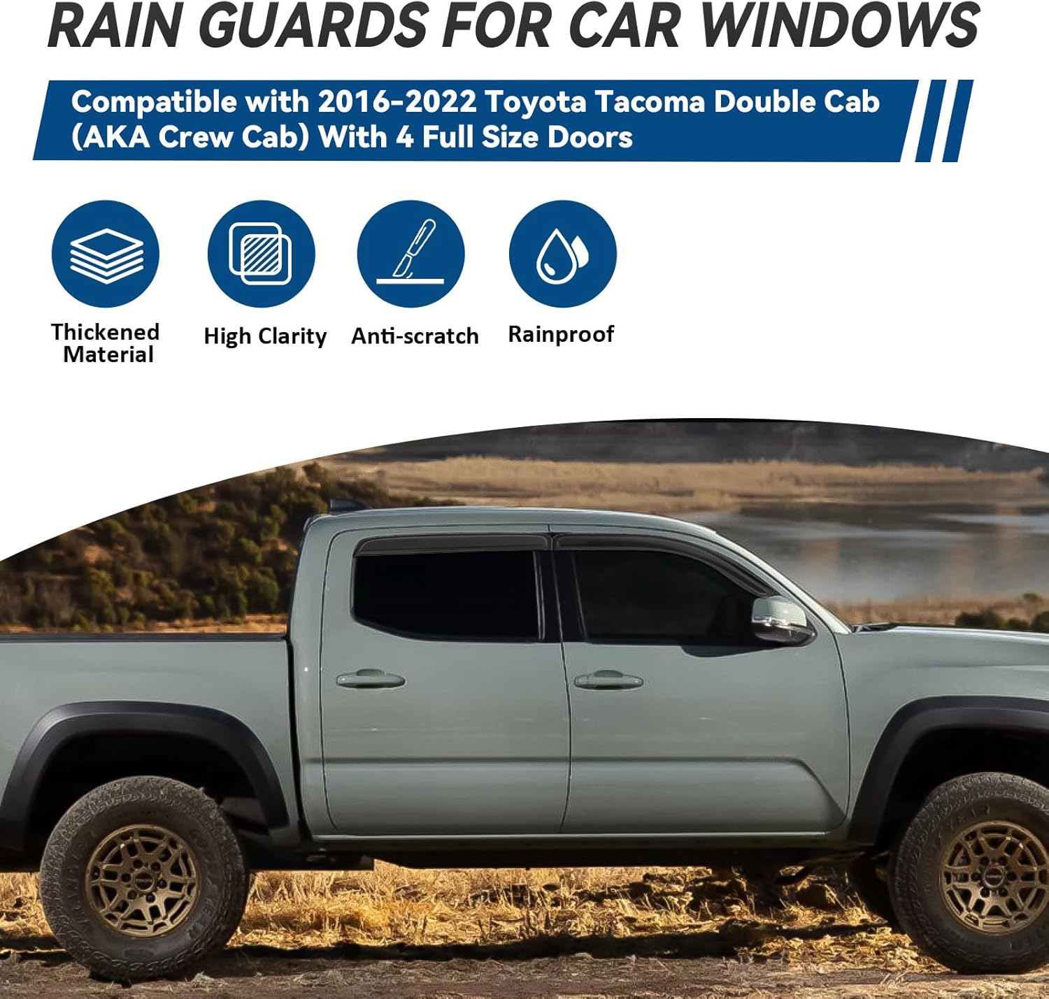 4pcs Front+Rear Smoke Tint Sun/Rain Guard Outside Mount Tape-On Vent Window Visors Compatible with 16-22 Tacoma Double/Crew Cab with 4 Full Size Doors