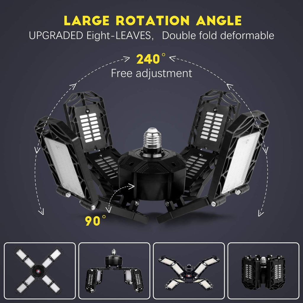 2 Pack LED Garage Light,Super Bright Screw in E26/E27 Ceiling Shop Work Lamp, 200W 20000 Lumen Deformable Basement Bulb Fixture with 8 Adjustable Panels