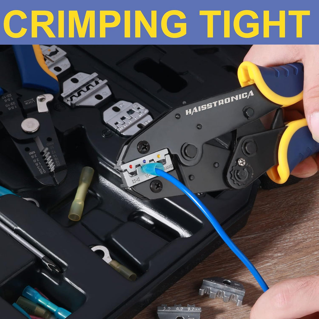 haisstronica 6PCS Crimping Tool Set - Ratchet Wire Crimping Tool for Heat Shrink,Insulated Nylon,Non-Insulated,Ferrule Wire End,Open Barrel Terminals,Solar Connectors