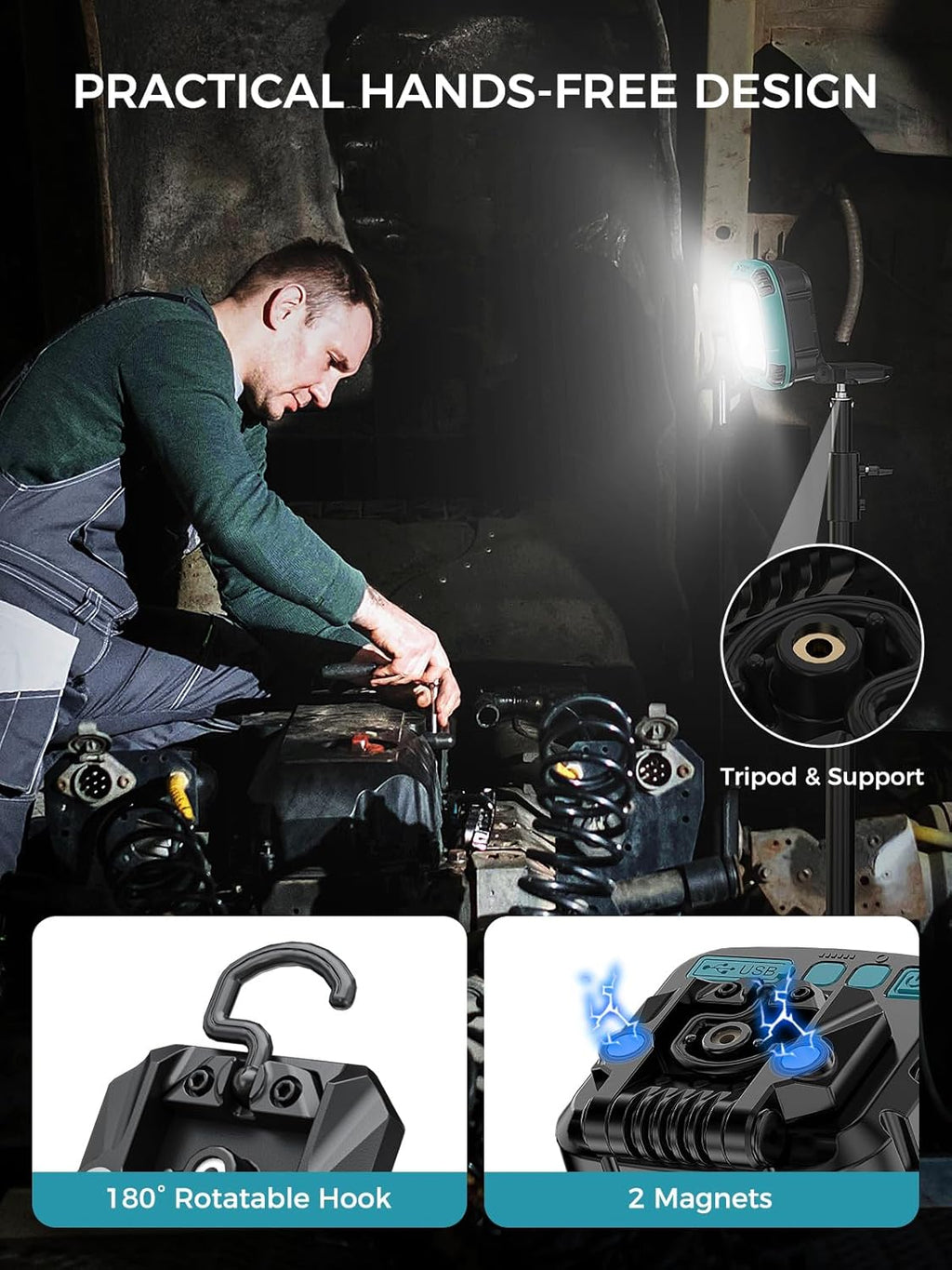 Smiling Shark Working Light, LED Work Light 4000 Lumen 18 Light Mode USB Rechargeable Portable Magnetic Waterproof Drop Resistant Cordless Worklight Job Site Lighting for Garage Repair Camping Outdoor