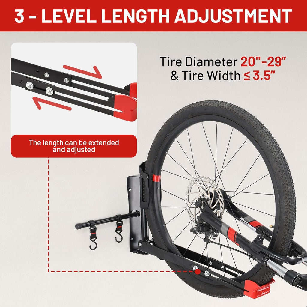 Bike Wall Mount Rack Adjustable & Foldable Garage Bike Rack with Swivel Design & 2 Storage Hooks, Fits 20"-29" Bikes, Holds Up to 77 lbs, Easy Install & Space-Saving Bike Storage 1 Pack