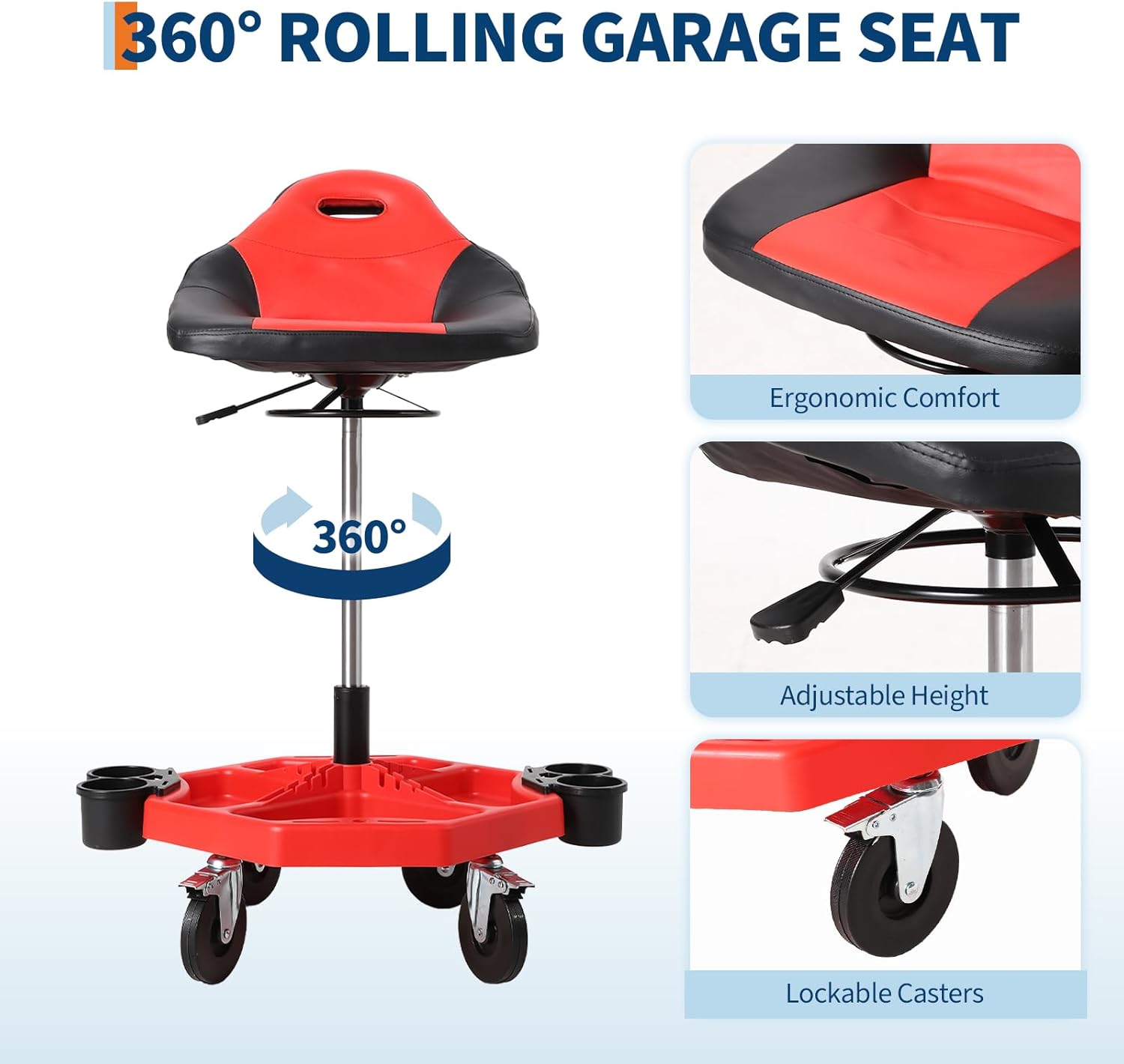 Garage Stool, 19”-24” Adjustable Rolling Mechanic Stool with Universal Wheels, Removable Magnetic Tool Tray, 300LBS Capacity, Roller Creeper Seat, Shop Chair