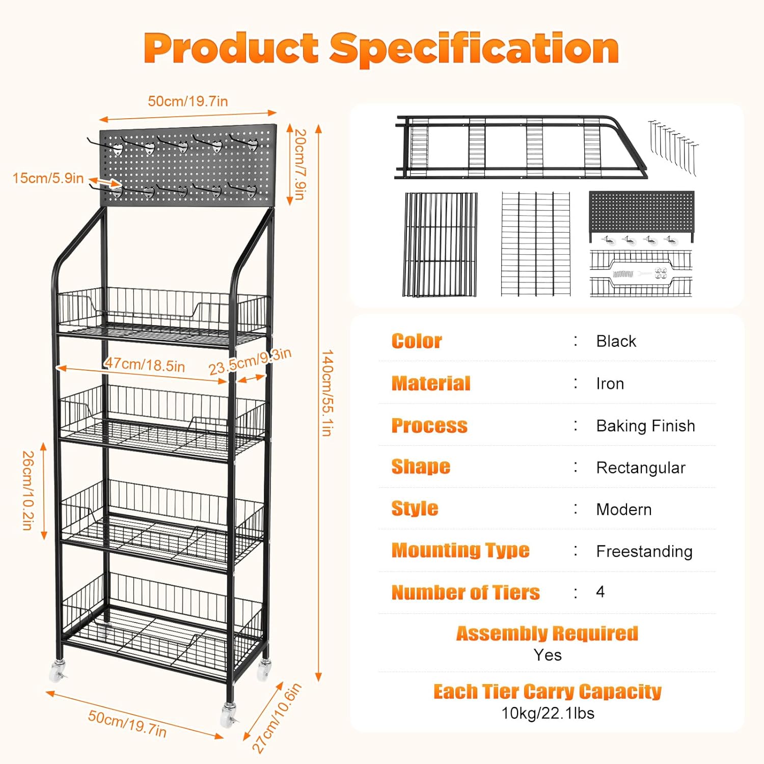 Retail Display Rack 4-Tier Market Merchandise Display Shelf with Wheels and 10 Hooks Metal Display Snack Metal Wire Shelving Movie Theater Candy Rack with Wheels for Home Store Market