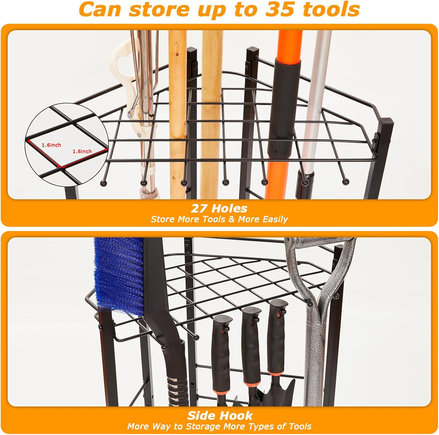 Garden Tool Organizer for Corner, Holds 35 Long-Handled Tools/Rakes/Brooms/Shovles for Garage Organization and Storage, Shed, Outdoor, Lawn, Heavy-Duty Steel, Black, Easy Assembly (Triangle Organizer)