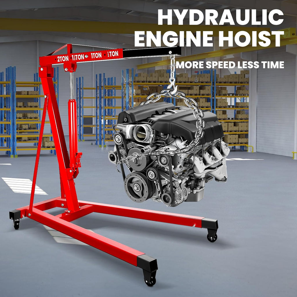 2 Ton Engine Hoist, Carbon Steel Cherry Picker Engine Hoist with 4 Casters, Hydraulic Engine Crane Hoist Cherry Picker Shop Crane for Garage Factory Warehouse, Red