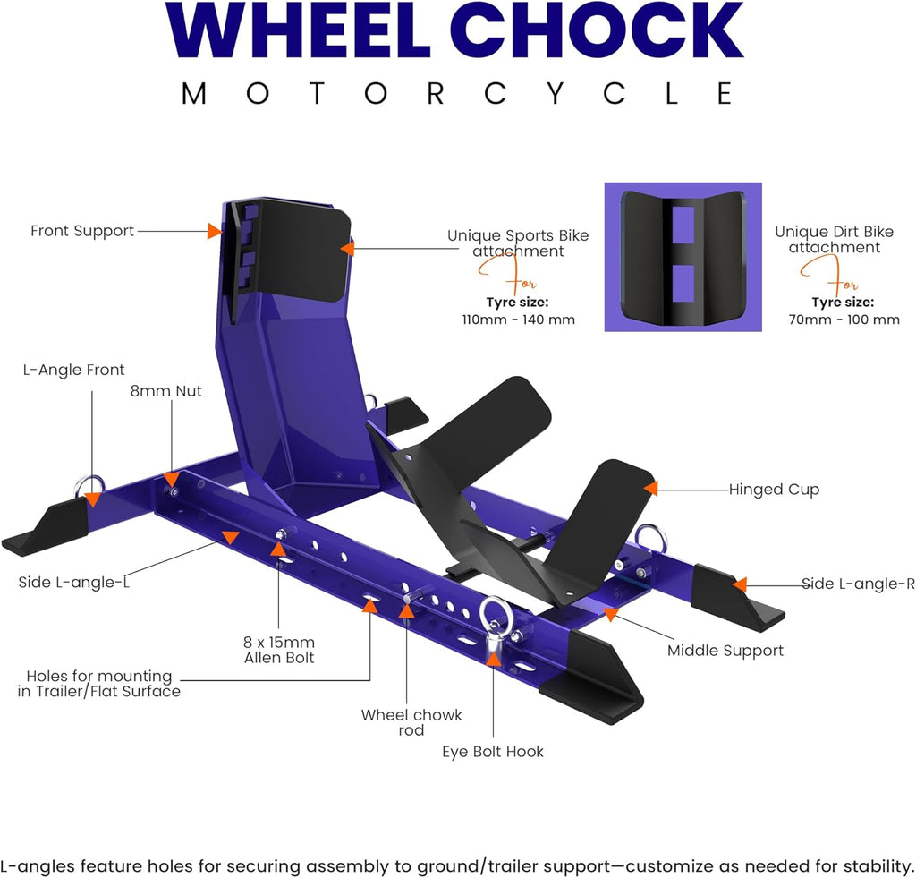 GRAND PITSTOP Universal Wheel Chock for Motorcycle Stand for Trailer Completely Adjustable Detachable Foldable Wheel Chock (Blue)