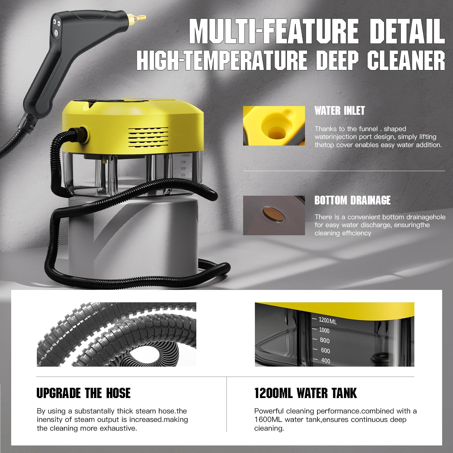 Handheld Steam Cleaner for Home＆Kitchen, 212°F High Temperature, 1200ML Tank, Portable Steam Cleaner for Car Carpet Detailing Window Floor Couch Grease Tile, Pressurized Steamer for Cleaning