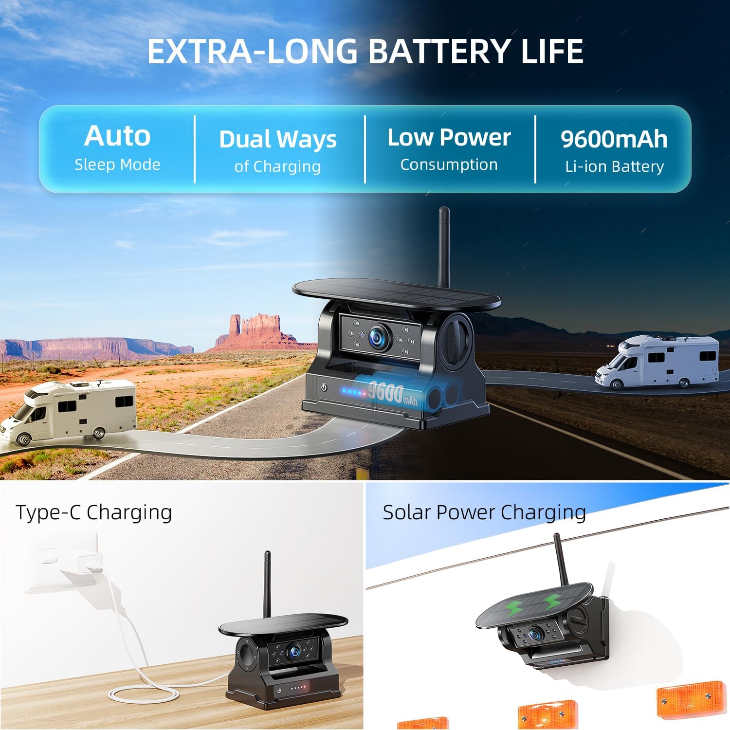 eRapta Magnetic Solar Wireless Backup Camera: HD1080P 7” Touchscreen Portable with DVR, BSD, 1-Min Install-Free IR Night Vision Hitch Backup Camera for Trailer/Truck/Small RV/Camper/Tractor-AWTCM701