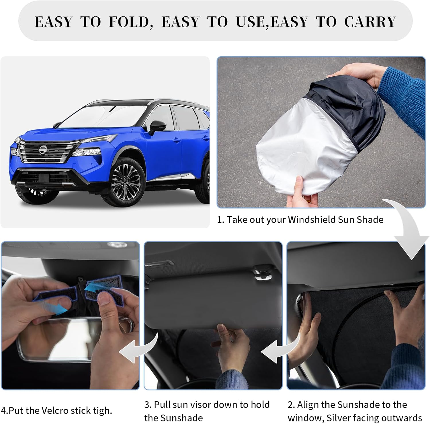 Sun Shade Sunshade for Nissan Rogue Windshield Cover,4-Layer Front Window Shade Custom Fit Rogue 2021-2024 2025 (Not for Rogue Sport) Sun Visor 240T Retractable Shade Shield Blocks UV Rays