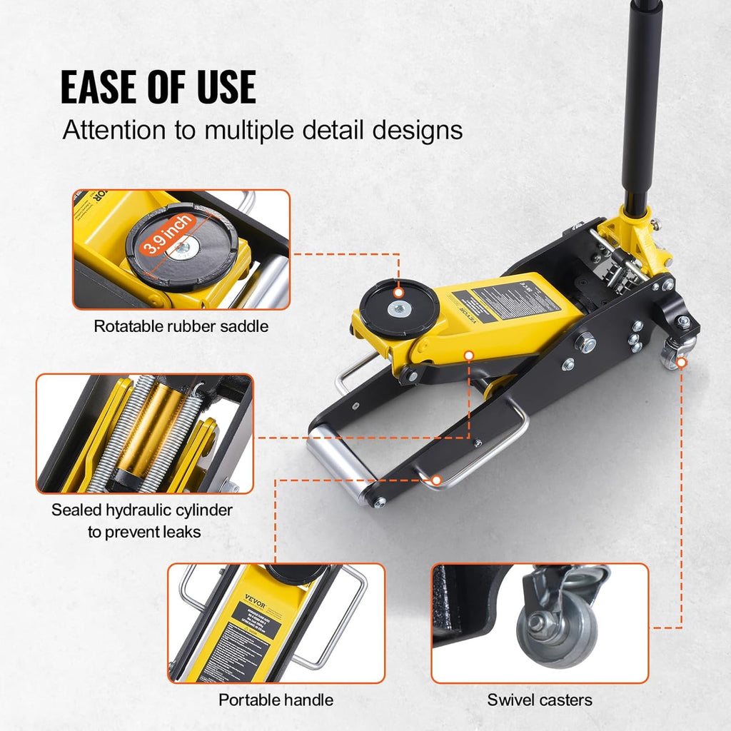 VEVOR Low Profile Floor Jack 2 Ton (4400 lbs), Heavy Duty Aluminum Hydraulic Racing Floor Jack, Hydraulic Car Jack, Dual Piston Quick Lift Pump, 3.2"-14.6" Height Lifting Range (Yellow)