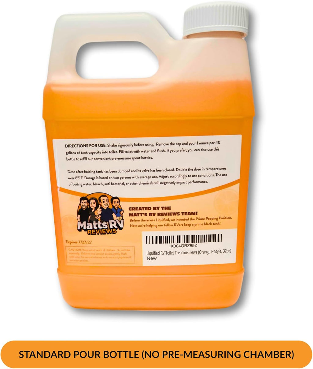 Liquified RV Toilet Treatment - Orange, 32oz Standard Pour Bottles (3-Pack) Odor Control, Waste Breakdown & Septic Safe - Made in USA
