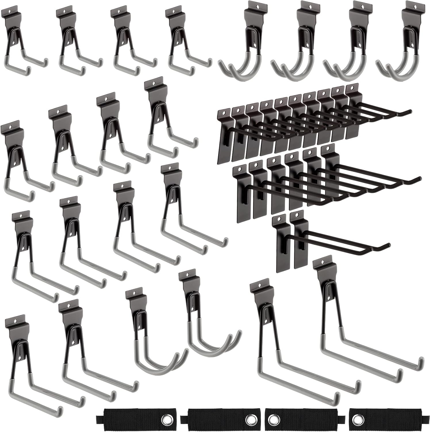 Landhoow 36 Pcs Slatwall Hooks & Hangers 32 Heavy Duty Slat Wall Hanging Hooks with 4 Storage Straps Assortment Slatwall Accessories for Storage Garage Wall Organization Garden Home (Grey)