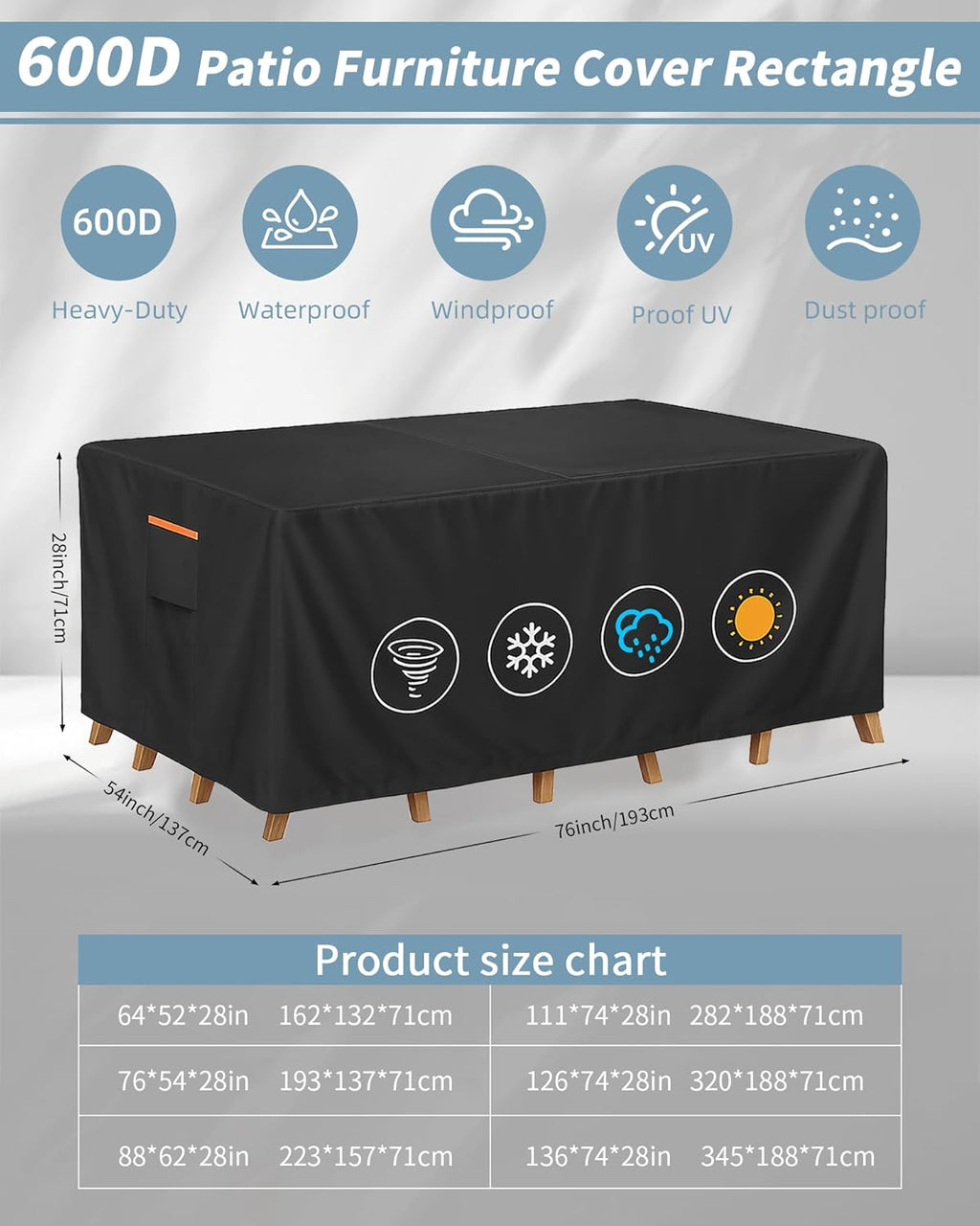 Outdoor Waterproof Furniture Cover, 76W x 54L x 28H inches Heavy Duty 600D Rectangular Table and Chair Set Protection, Black
