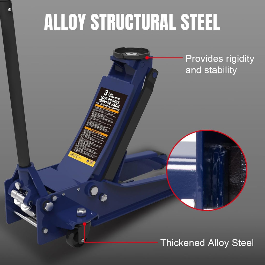 TCE Ultra Low Profile 3 Ton Hydraulic Floor Jack, 6600 LBS Heavy Duty Dual Pump Car Jack for Cars/Trucks/SUVs, ASME Certified with Detachable Handle (Blue)