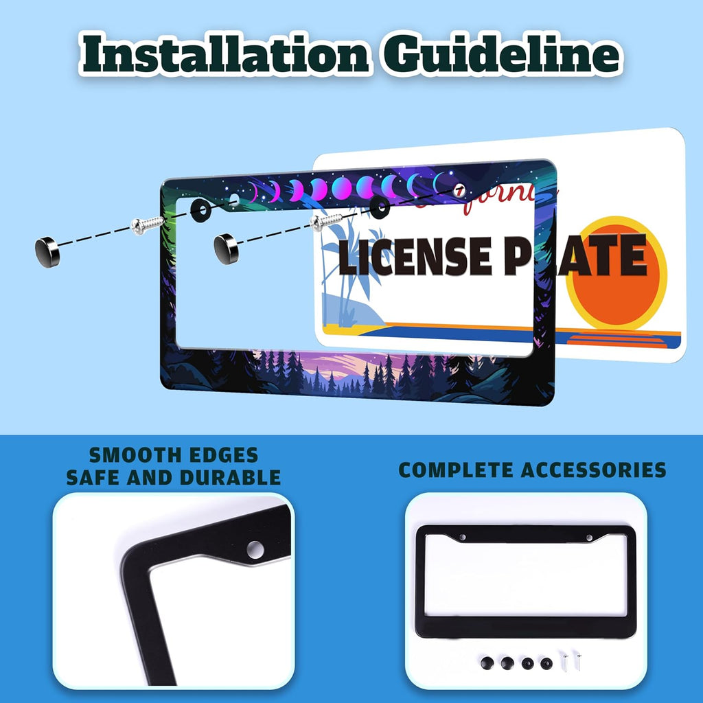 Moon Phases Aurora Forest License Plate Frame Night Sky Stainless Steel License Plate Holder for Front or Rear Car Tags Funny for Car Decoration Accessories with Screws 6.3 X 12.2 in for Women Men
