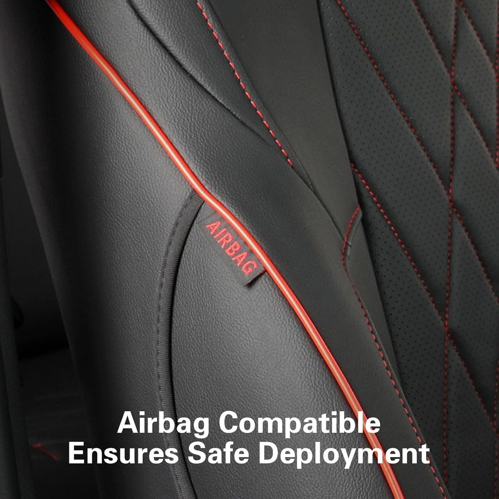 EKR Tacoma Car Seat Covers Custom for Select Toyota Tacoma (Only for Hybrid) 2024 2025 Double cab TRD Sport,TRD Off-Road,Limited,Trailhunter - Full Set,Leather(Black with Red Trim)