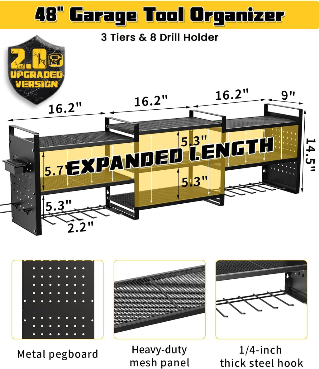 Heavy-Duty 48" Wall Mount Power Tool Organizer with Charging Station – 3-Tier Garage Organization Rack for Drills, Wrenches & Tools – Includes 16 Hooks & Pegboard Sides