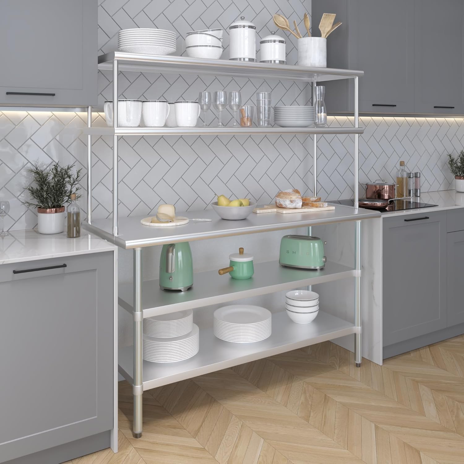 Amgood Stainless Steel Work Table with 2 Shelves | Metal Kitchen Prep Table & Shelving Combo (24" x 60" Table with 2 Shelves + 18" Overshelf)