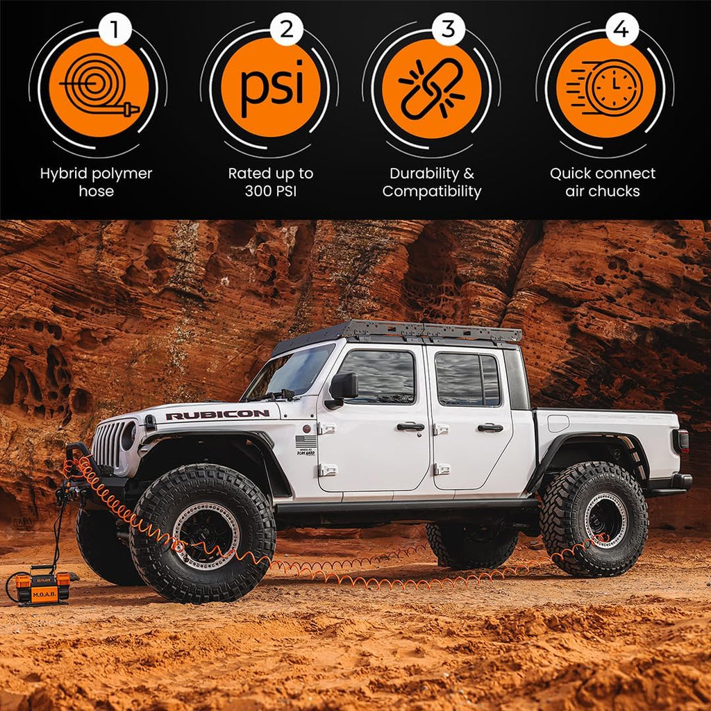 EZ FLATE 4 Tire Hose System | Heavy Duty | Truck or Car Tires | UTV Side By Side Tires | Fast Inflation | 4 Tires at Once | Auto Equalize | Quick Connest Air Chucks (Recoil Hose System)