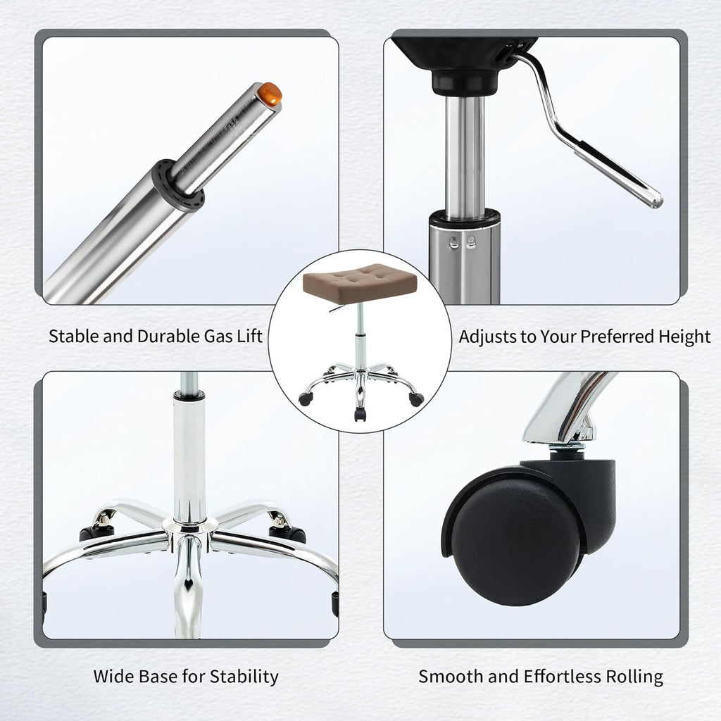 Ergonomic Desk Stool with Wheels (Adjustable Height 17"-21") (300lbs Capacity) Faux Leather Office Stool (Coffee Brown)