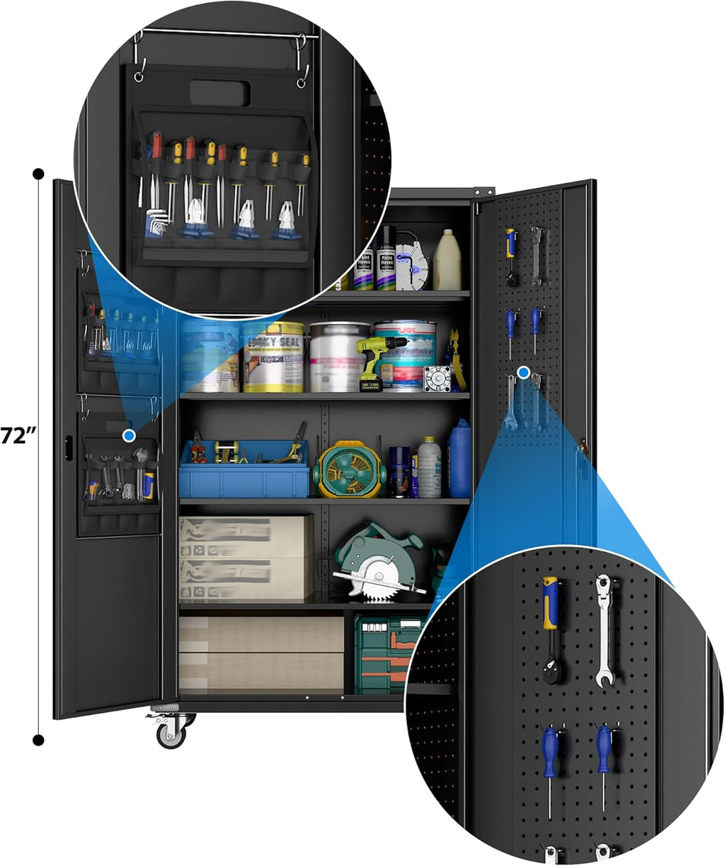 2025 Upgraded Wide & Deep Garage Storage Cabinet with Wheels, Lockable Metal Storage Cabinet with Pegboards and 9 Hooks, 2 Tool Pouches for Garage,4 Adjustable Shelves (Black,43''W x 22''D x 72''H)