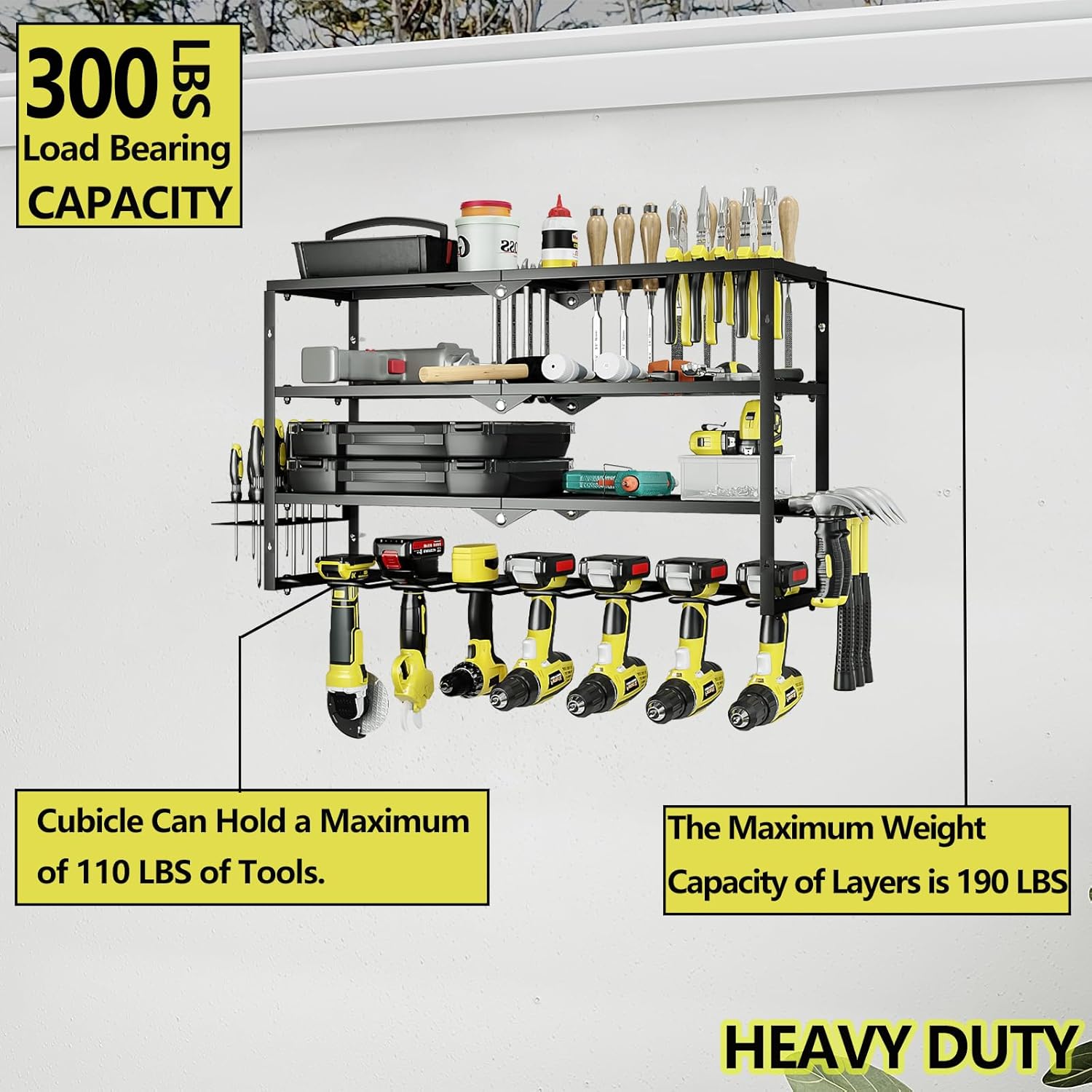 AZERPIAN Tool Organizer Heavy Duty Power Wall Mount for Drill and Cordless Tools Heavy Duty Rack for Garage Organization Workshop Pegboard (3 Layers 7 Slots)