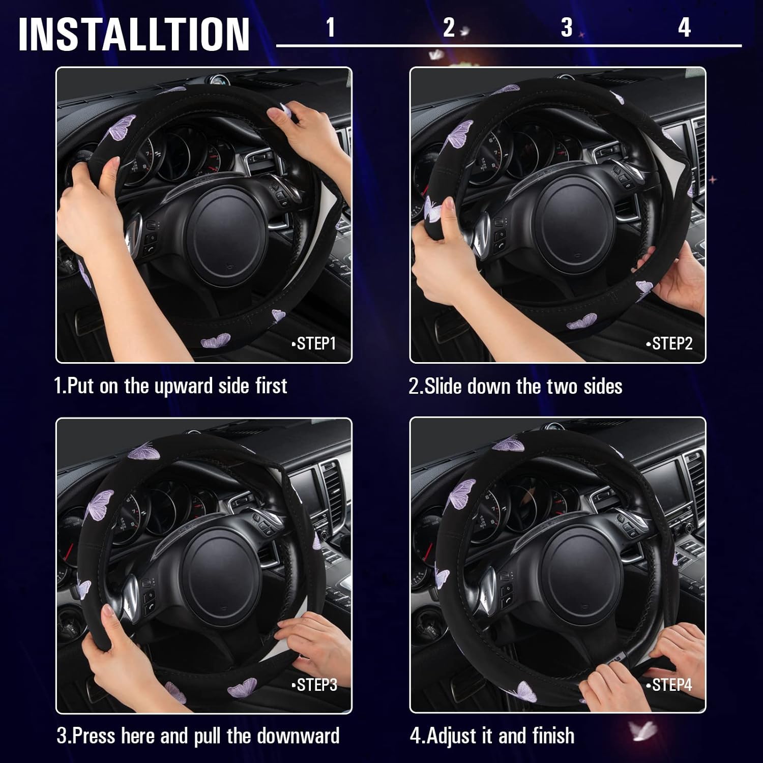 Car Pass Purple Embroidery Butterfly Steering Wheel Cover, Universal 15 Inch Car Wheel Cover for Women Girls, Fit for Suvs,Small Trucks,Sedans,Cars (Black and Purple)