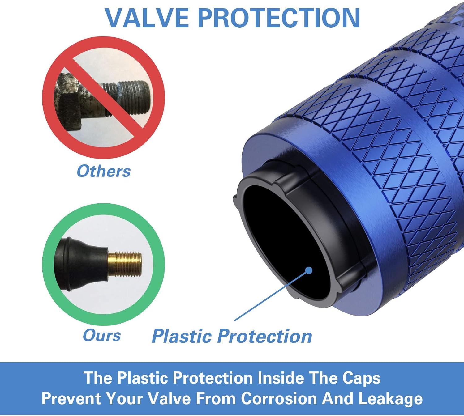 CKAuto Tire Valve Stem Caps, Blue, 4 pcs/Pack, Anodized Aluminum Tire Valve Cap Set, Corrosion Resistant, Universal Stem Covers for Cars Trucks Motorcycles SUVs and Bikes