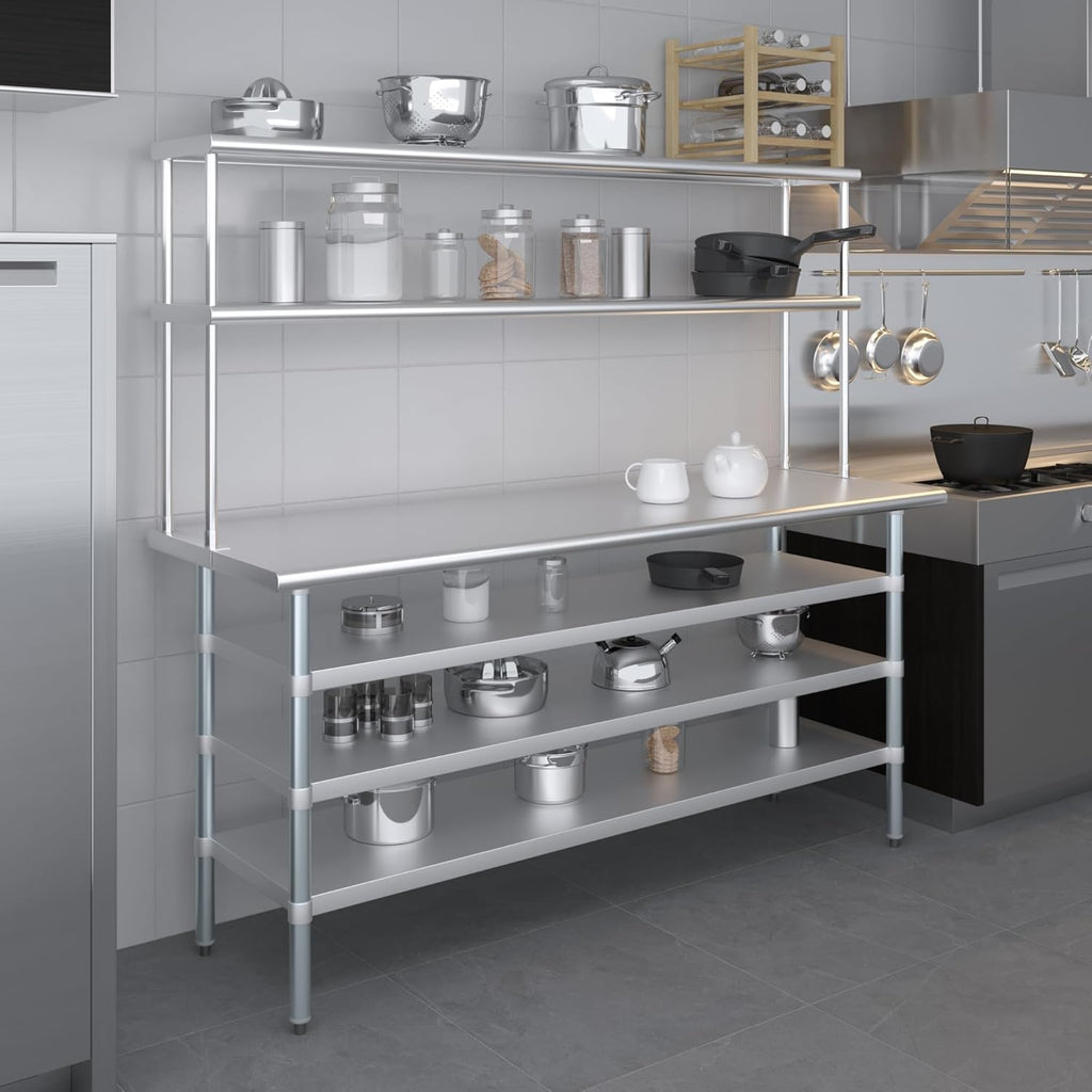 Amgood 24" x 72" Stainless Steel Work Table with 3 Shelves and 12" Wide Double Tier Overshelf | Metal Kitchen Prep Table & Shelving Combo | NSF