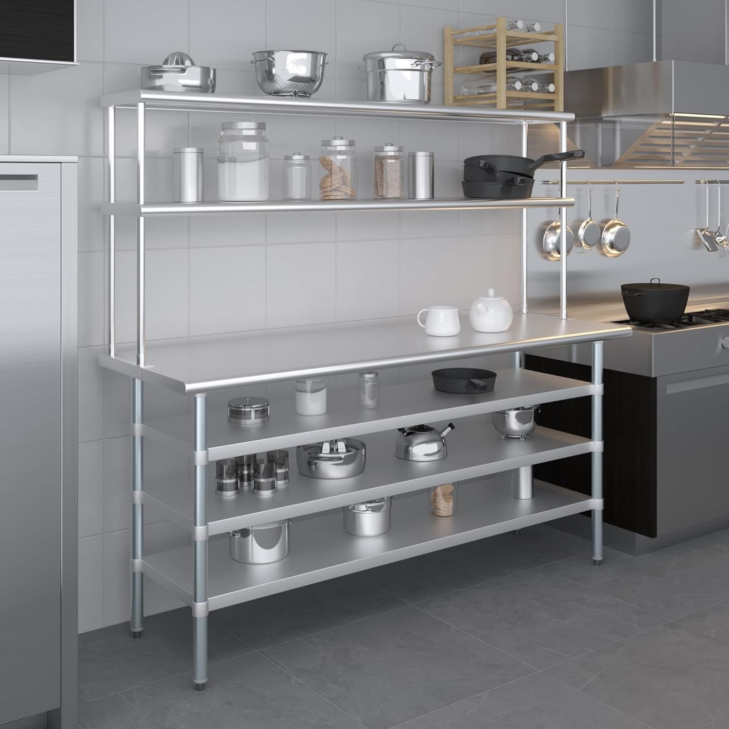 Amgood 24" x 72" Stainless Steel Work Table with 3 Shelves and 12" Wide Double Tier Overshelf | Metal Kitchen Prep Table & Shelving Combo | NSF
