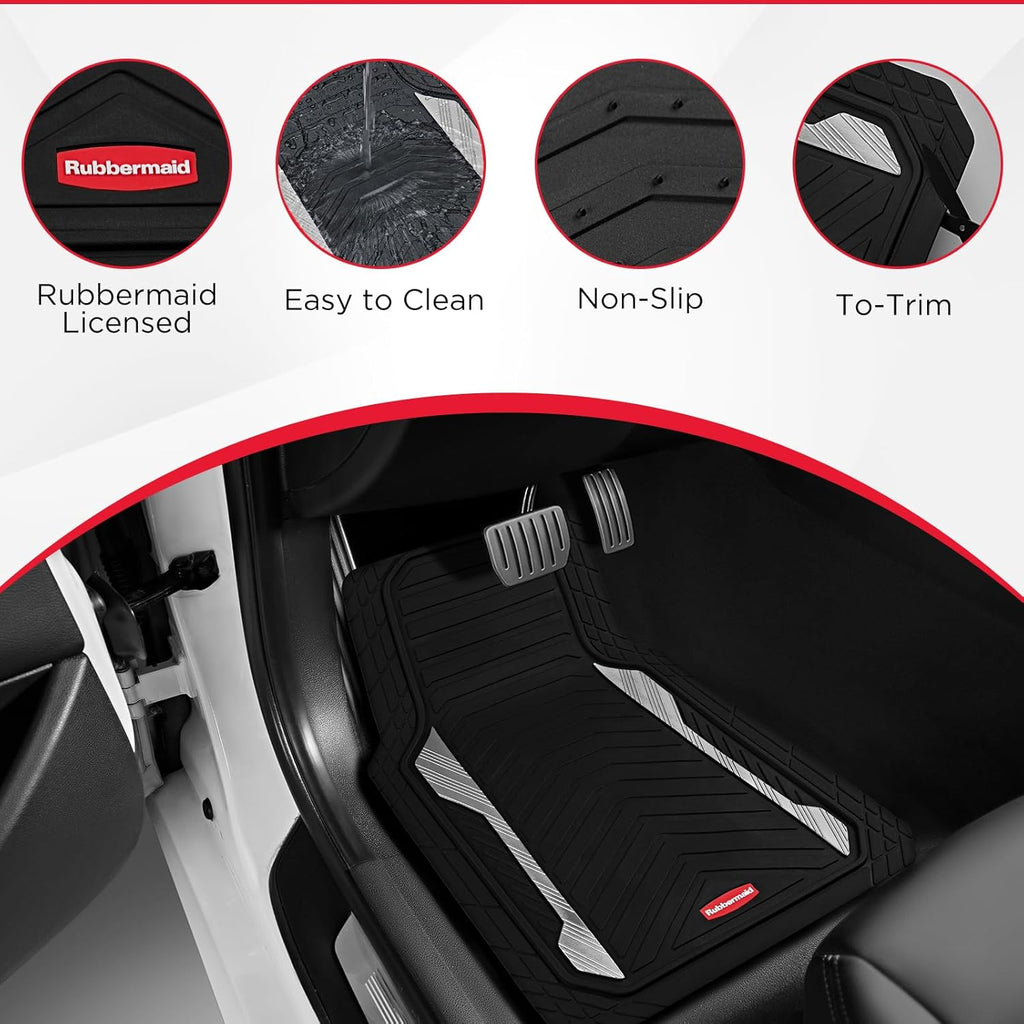 Rubbermaid Car Floor Mat, Heavy Duty All-Weather Car Mats Full Set with Dual-Tone Sliver Aluminum Inserts – Universal Fit, Anti-Slip Backing, Trim-to-Fit for Most SUV, Sedan, Van