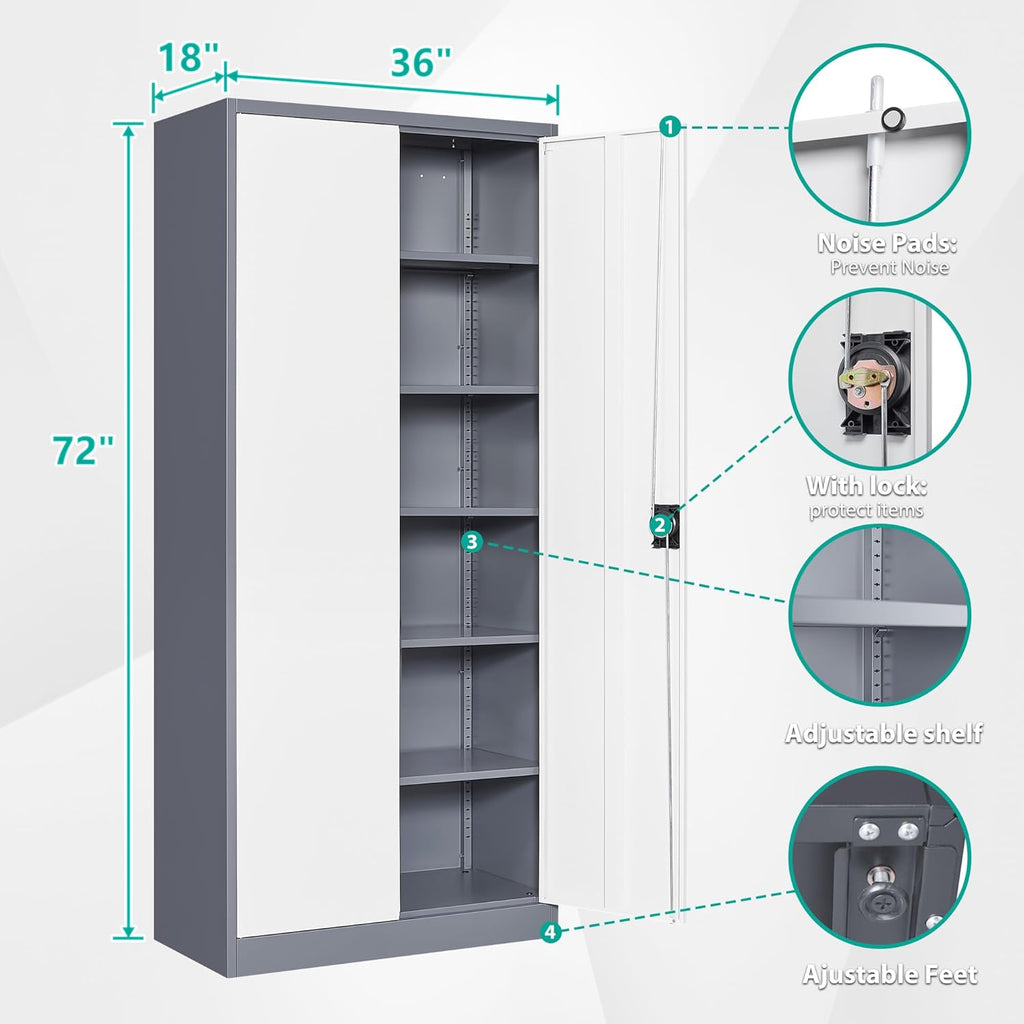 Wide & Deep Metal Storage Cabinet with 6 Shelves,72 inch Tall Garage Storage Cabinet with Lock,Gray White Metal Cabinets with Locking Doors,Large Steel Lockable Cabinets for Home,Office,Shop,Garage