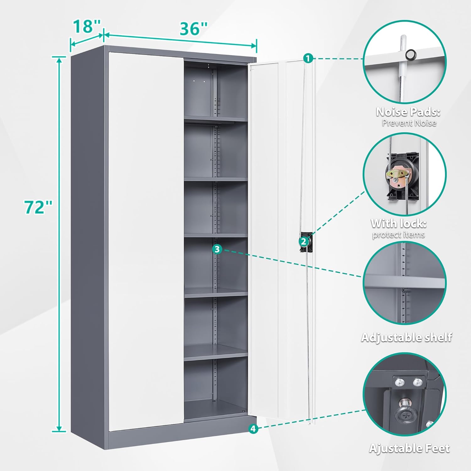 Wide & Deep Metal Storage Cabinet with 6 Shelves,72 inch Tall Garage Storage Cabinet with Lock,Gray White Metal Cabinets with Locking Doors,Large Steel Lockable Cabinets for Home,Office,Shop,Garage
