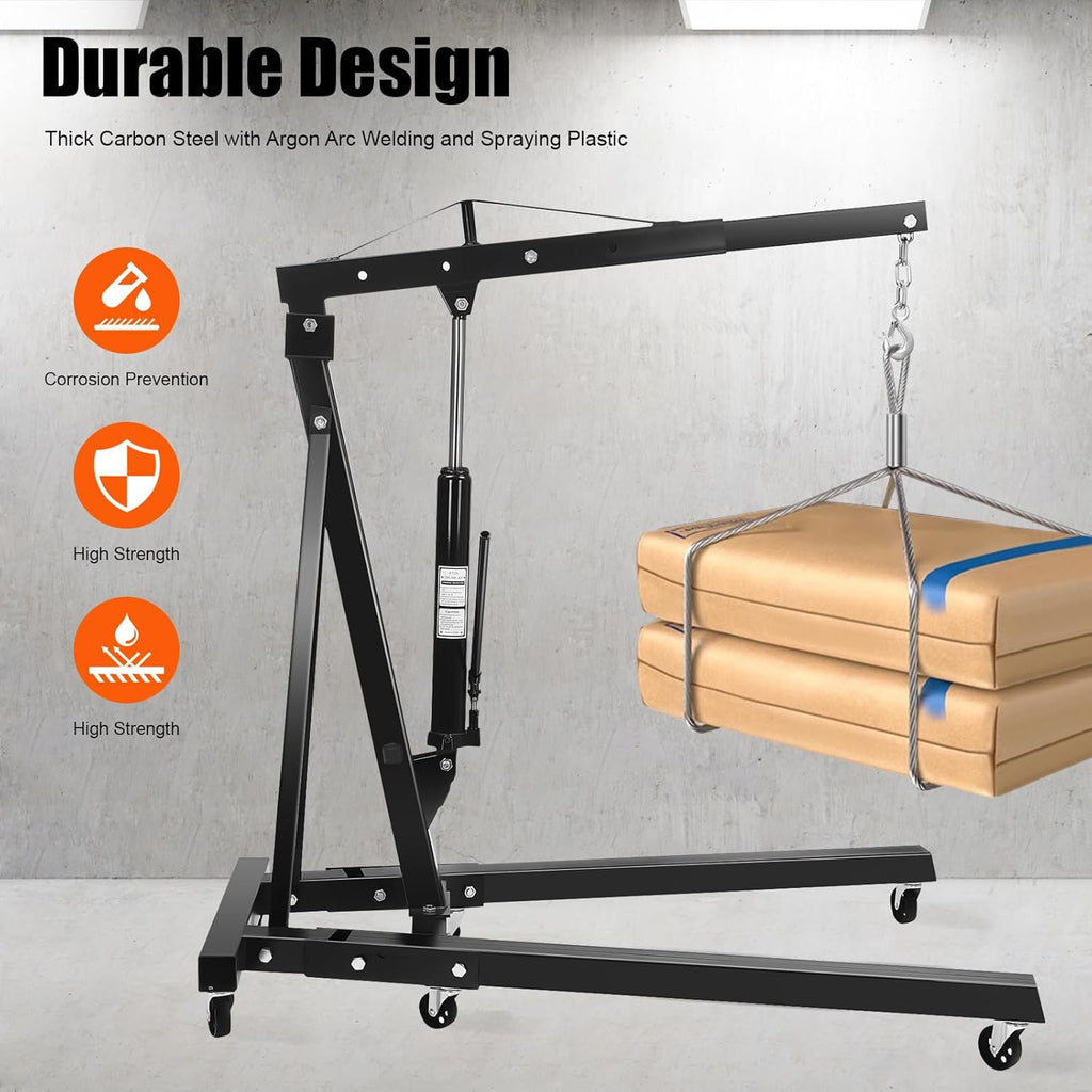 Folding Engine Crane 2 Ton Folding Engine Hoist 4400lbs Crane Hoist Lift with 6 Iron Caster Wheels for Garage, Workshop (Black)