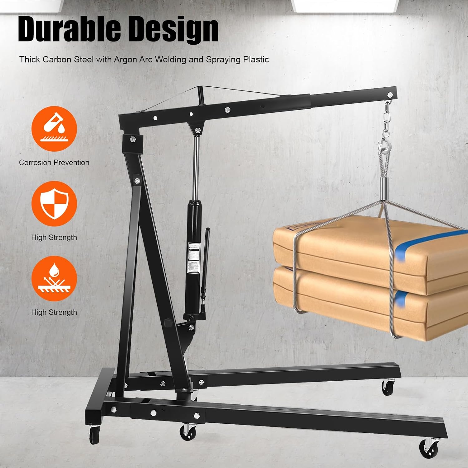 Folding Engine Crane 2 Ton Folding Engine Hoist 4400lbs Crane Hoist Lift with 6 Iron Caster Wheels for Garage, Workshop (Black)