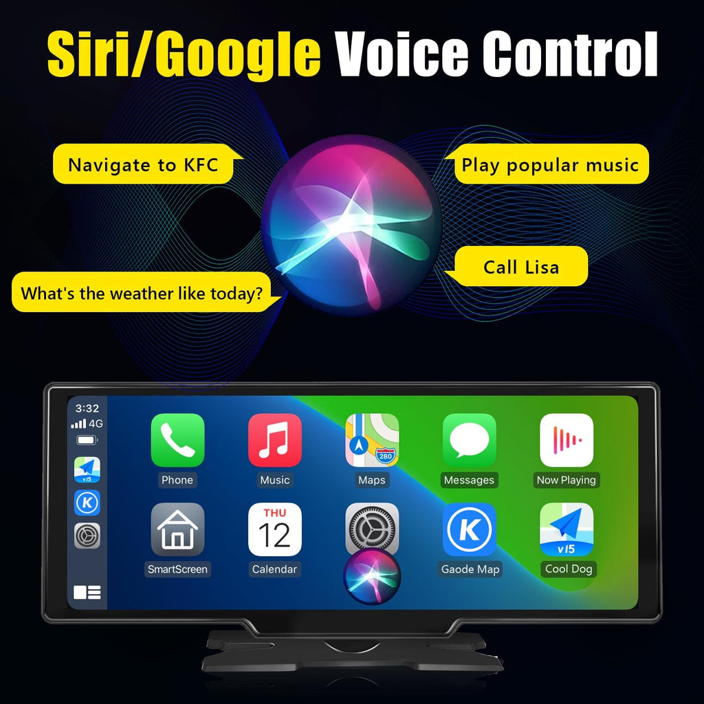 Portable Carplay Screen for Car 9.28" Carplay & Android Auto Car Touch Stereo, with 4K Dash Cam, 1080p Rear Camera,Bluetooth,Touch Screen GPS Navigation,Mirror Link, AirPlay, AUX/FM, Siri