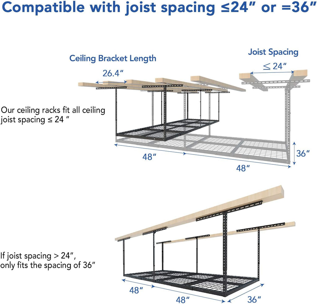 FLEXIMOUNTS 3x8 Overhead Garage Ceiling Storage Rack, Adjustable Garage Organization System, Heavy Duty Metal, 600lbs Weight Capacity, Black