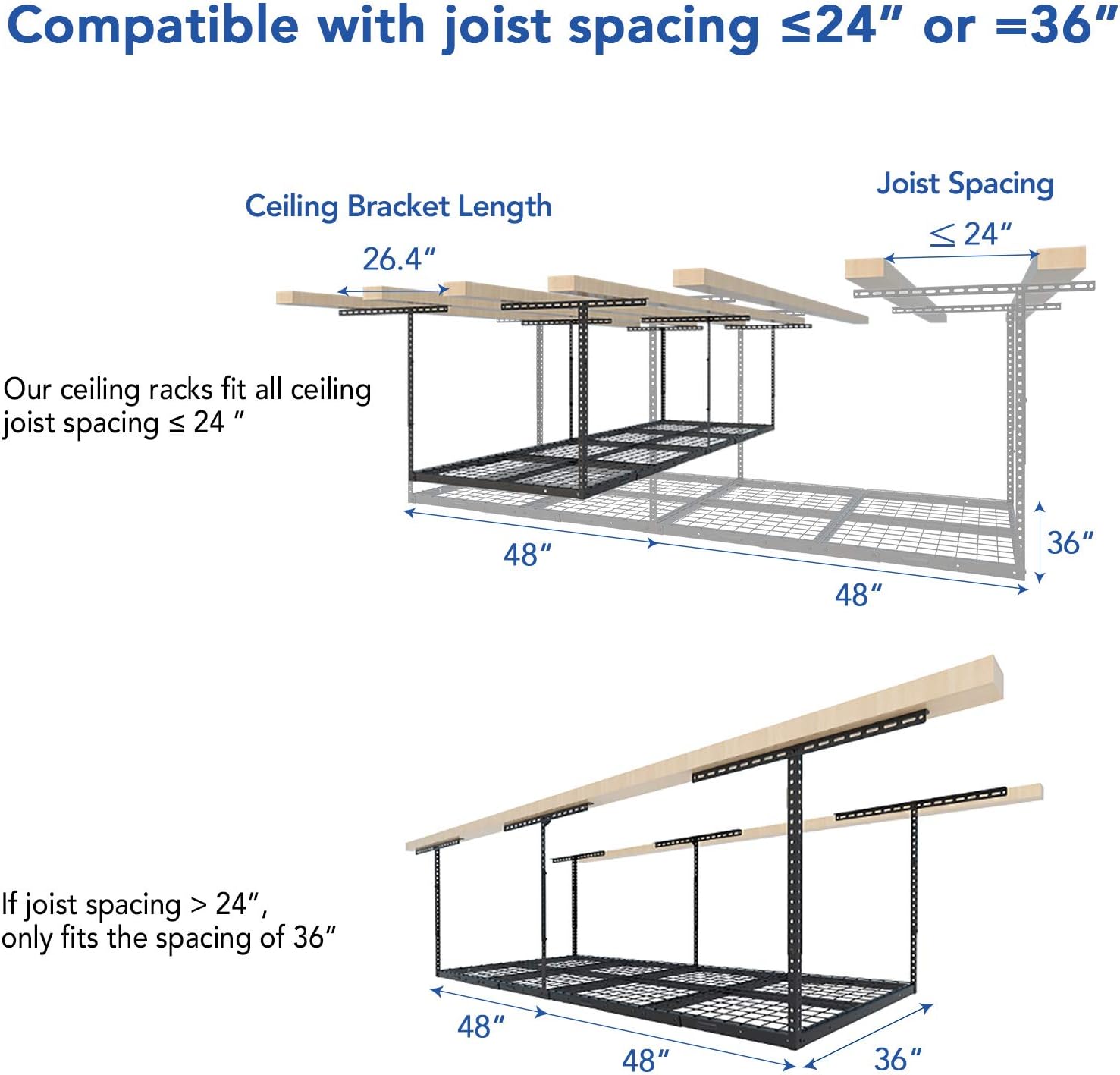 FLEXIMOUNTS 3x8 Overhead Garage Ceiling Storage Rack, Adjustable Garage Organization System, Heavy Duty Metal, 600lbs Weight Capacity, Black