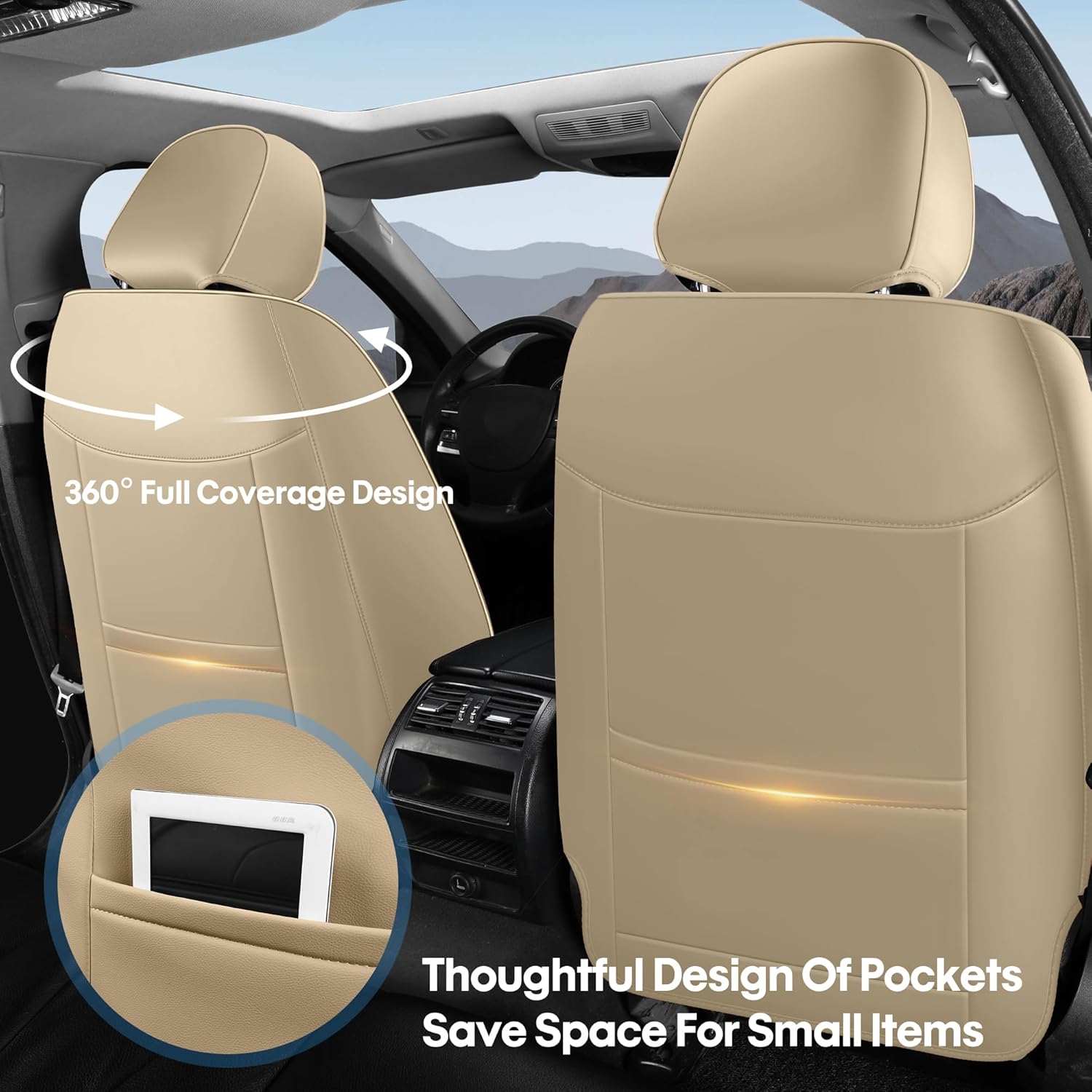 AOOG Front Seat Covers, Car Seat Covers Front Seats, Leather Seat Covers for Cars, Waterproof Seat Covers with Lumbar Support Universal Fit for Most Cars SUV Trucks(Front Pair, Beige)