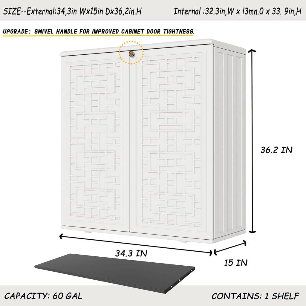 Indoor Outdoor Storage Cabinet Waterproof with Shelf, Off White Plastic Outdoor Cabinets for Patio/Garden/Backyard, Size 34.3''L*15''W*36.2''H