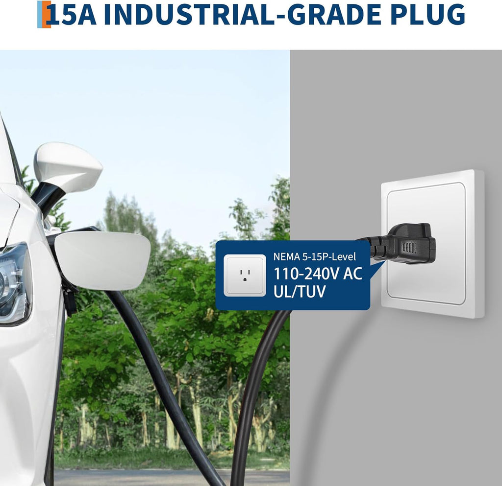 Level 1 EV Charger, 15A 110V Voltage, NEMA 5-15 Plug, 25ft Cable, Adjustable Current/Delay Timer, SAE J1772 Listed Portable Electric Car Charger for Indoor/Outdoor Use