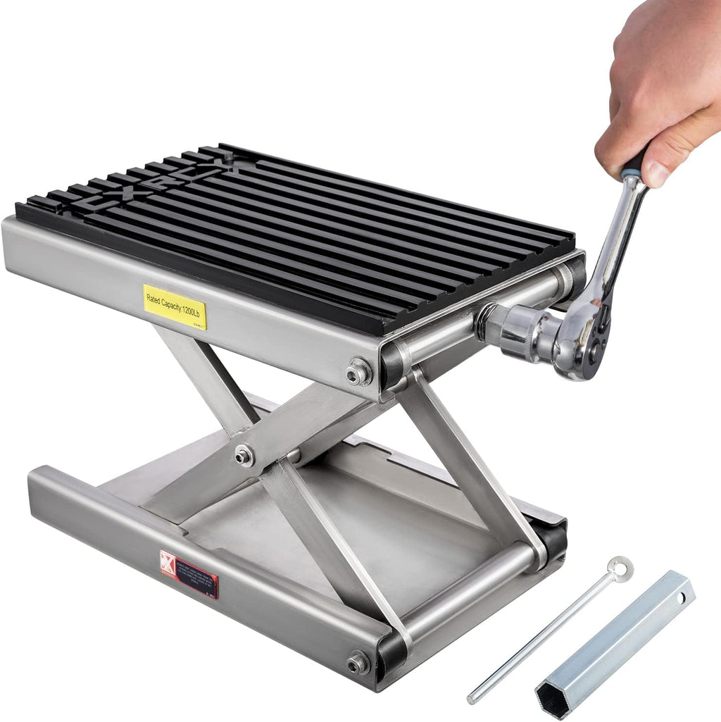 CXRCY 1200 LBS Motorcycle Lift Scissor Jack Stainless Steel Finish Upgraded Dirt Bike ATV Steel Motorcycle Hoist Stand with Ratchet Wrench,Crank Handle,Thickened Rubber Pad,Wide Deck