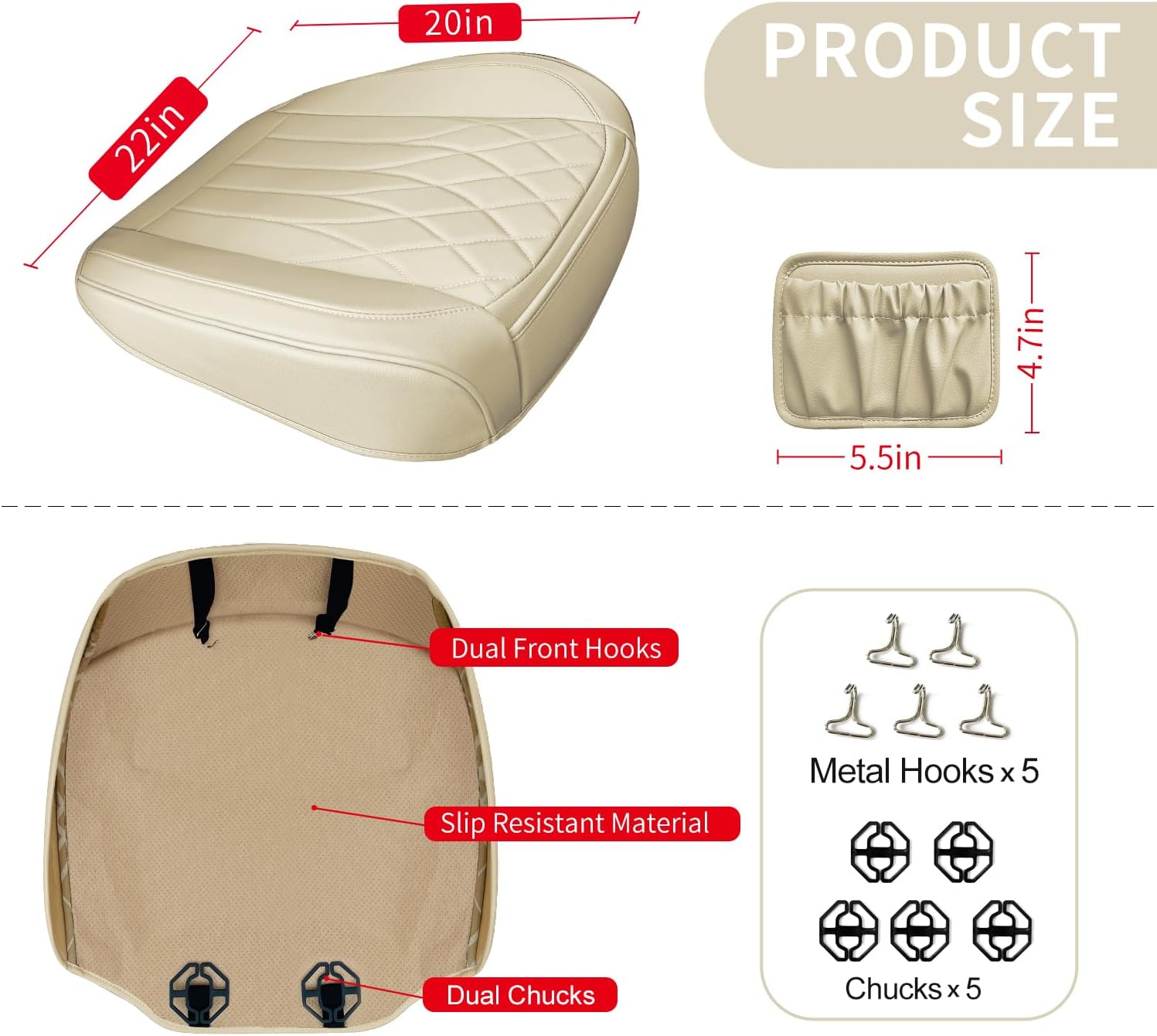 2 Pack Leather Front Car Seat Cover Bottom Car Seat, Universal Anti-Slip Driver Car Seat Protectors with Storage Pocket, Waterproof Bottom Auto Seat Cushion Pad Mat for Most Vehicles(Beige)
