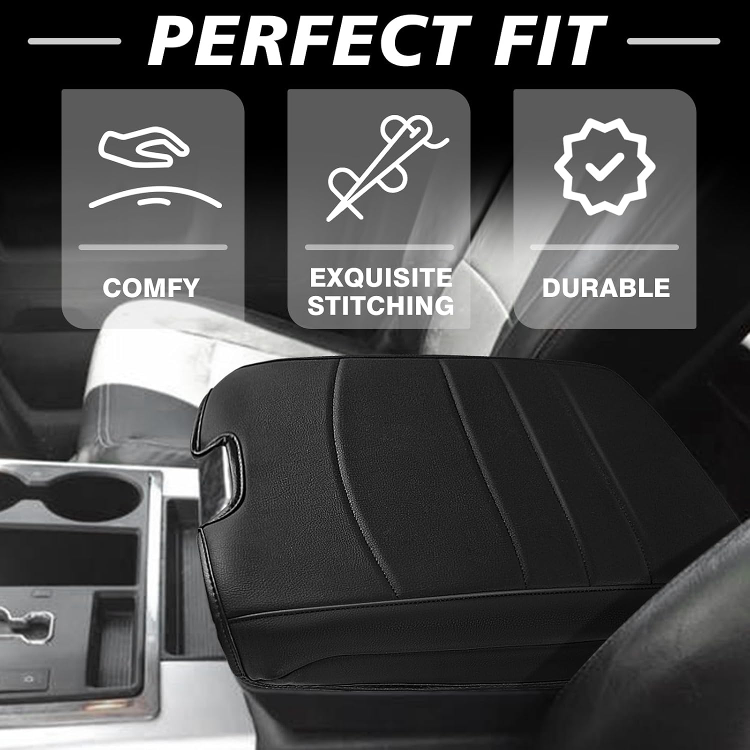 Muslogy Center Console Armrest Cover Compatible with Dodge Ram1500/2500/3500 2013-2018 Comfort Armrest Pad Arm Rest Cushion Vegan Leather Protector Regular Thick(Bucket Seat ONLY)