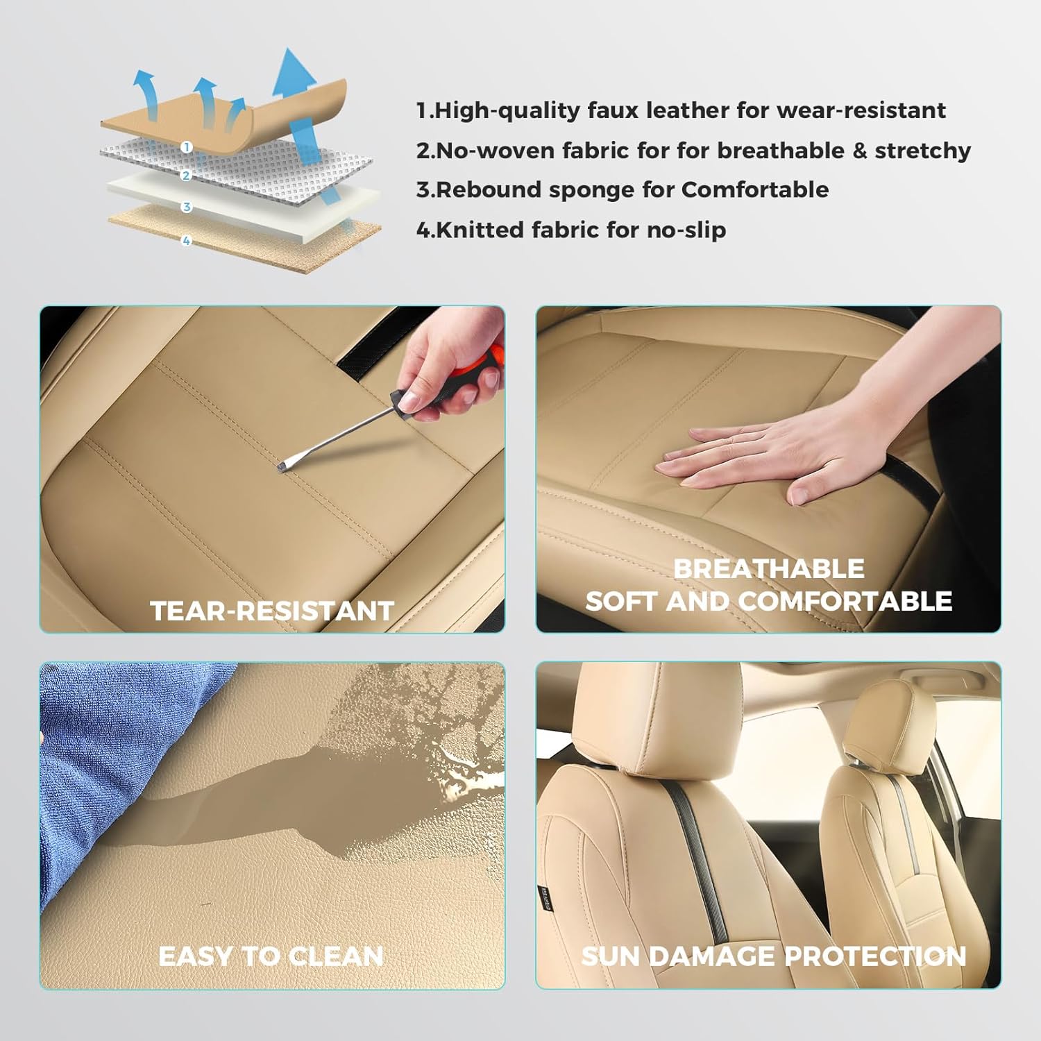 Seat Covers for Honda Civic Sedan 4DR Sedan LX 2022 2023 2024 2025, Leather Car Seats Cover Full Set,(Rear Row Solid Folding Backrest)-Beige