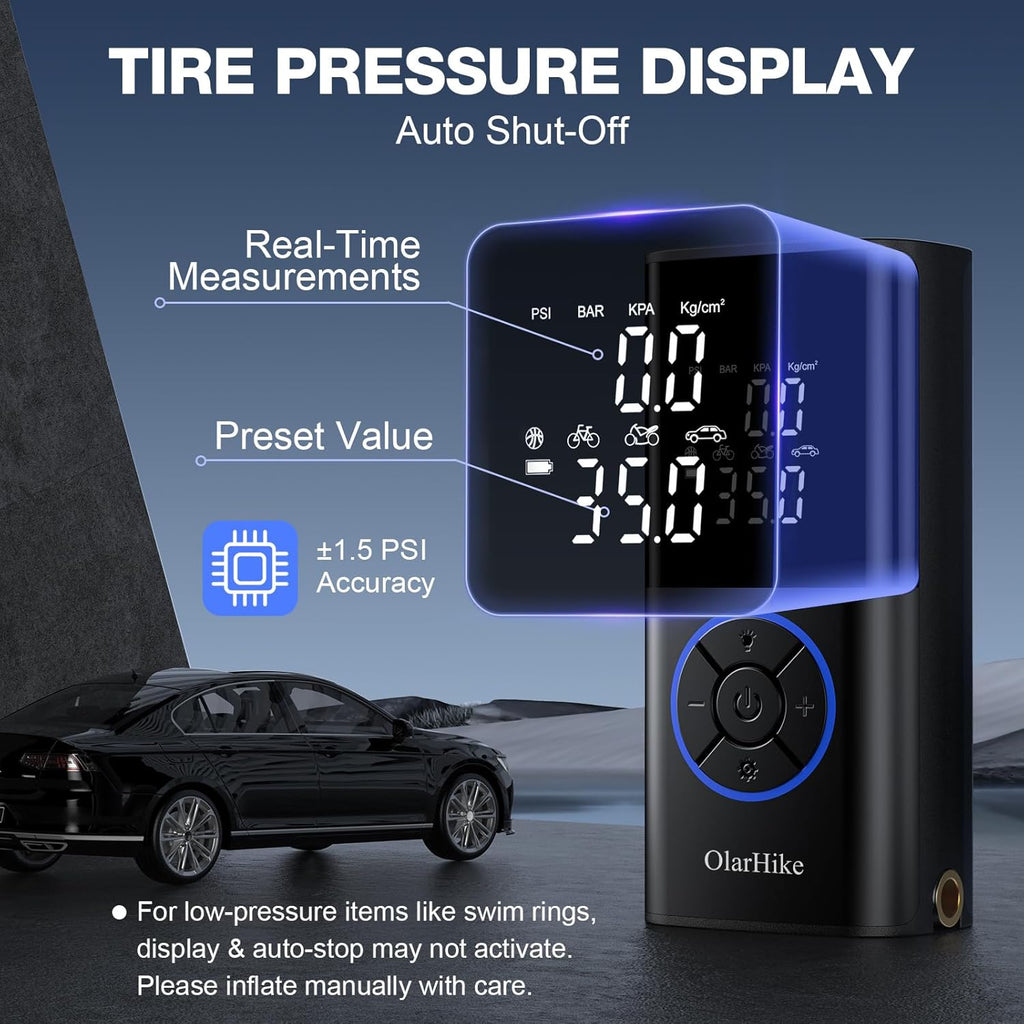 OlarHike Tire Inflator Portable Air Compressor, Long Range Battery-Powered, 160PSI Auto Air Pump for Car Tires, Bike,Bicycle, Motorcycles,Electric Pump with LED Light & Digital Pressure Gauge