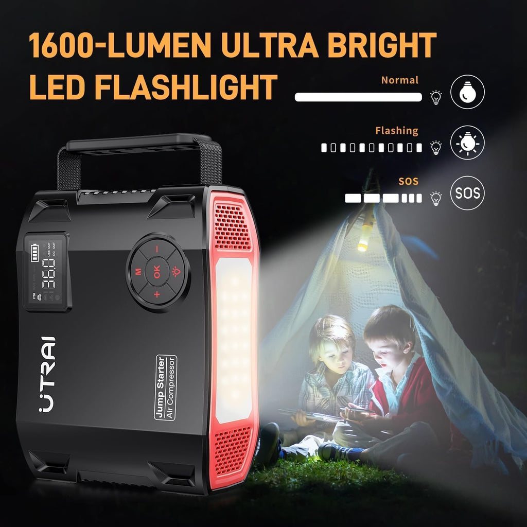 UTRAI Jump Starter with Air Compressor, 6000A 27000mAh Car Starter Jump Box with 150PSI Tire Inflator, Portable Jump Pack (All Gas/10L Diesel), DC160W, QC3.0 Jumper Cables, 1600LM Light