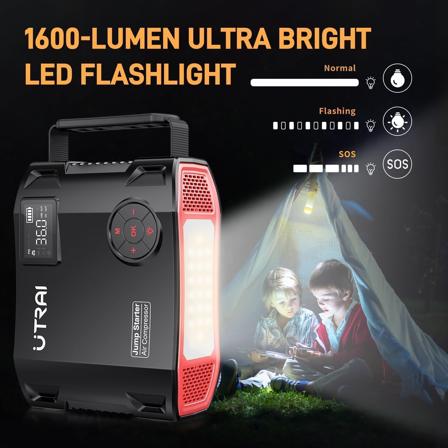 UTRAI Jump Starter with Air Compressor, 6000A 27000mAh Car Starter Jump Box with 150PSI Tire Inflator, Portable Jump Pack (All Gas/10L Diesel), DC160W, QC3.0 Jumper Cables, 1600LM Light