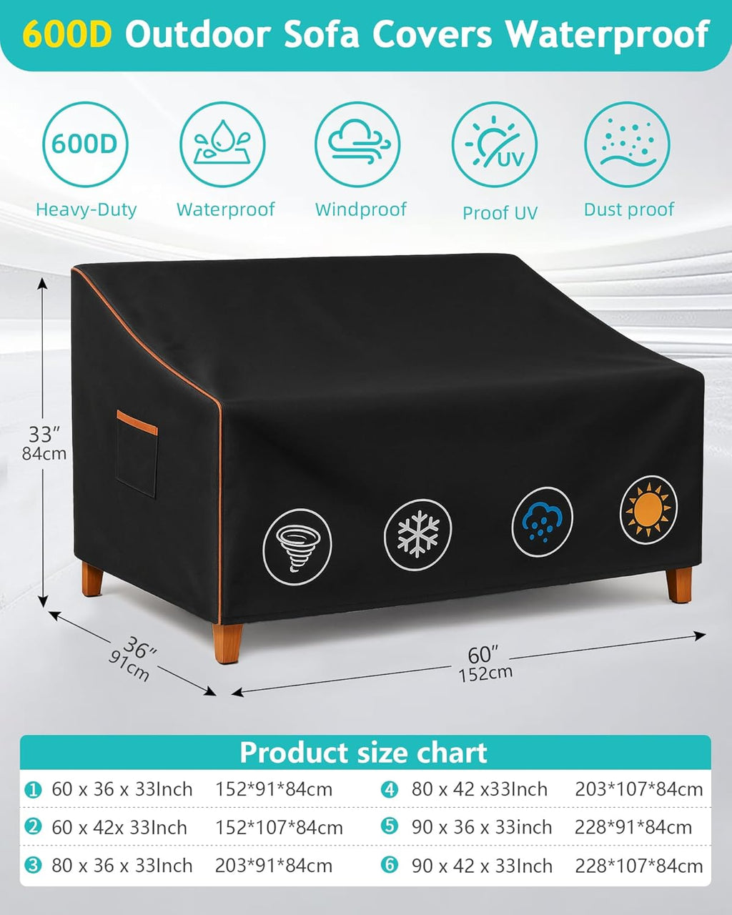 Outdoor Sofa Cover, Waterproof Patio Furniture Cover 60W x 36D x 33H inches Heavy Duty 600D Oxford Fabric Black